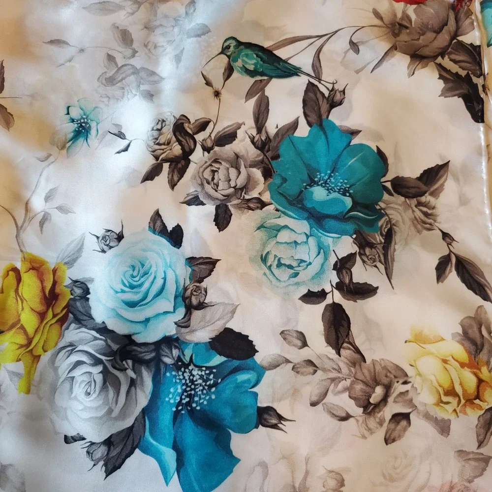 Vintage 100% Silk Rectangular Scarf Floral Bird Print Teal Red White 68x20